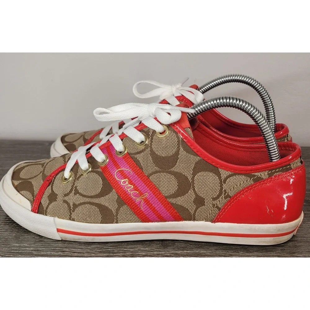 COACH Folly Womens 8.5 B Signature C Canvas Red Patent Trim Sneakers Q1024